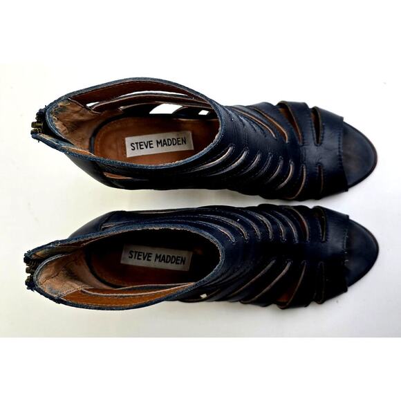 Steve Madden Strappy Sandals Blue Leather Cage Bootie Heels Vendetaa Womens 7.5B - Picture 4 of 10